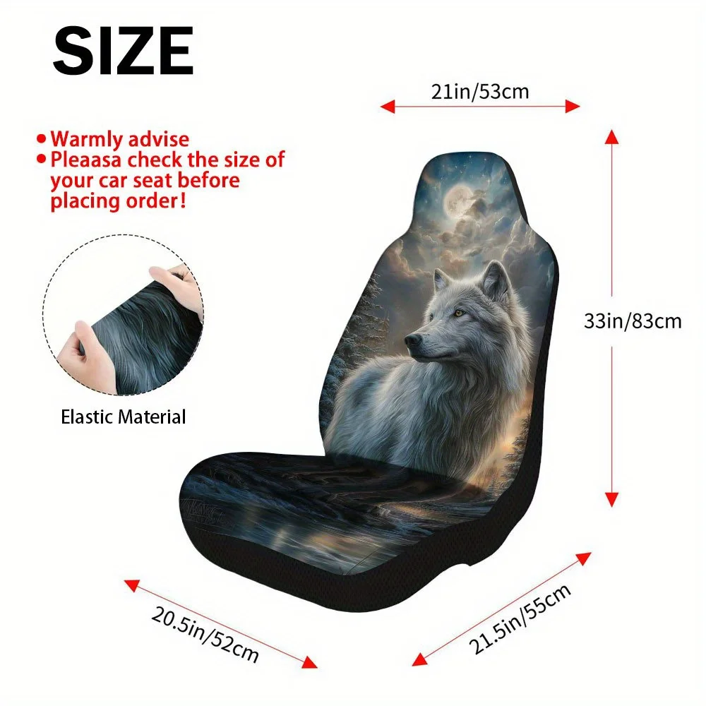 Set Of 2, Moonlit White Wolf Design Car Seat Covers – Complete Set Of Premium, Long-Lasting Front Seat Protectors, Universally C