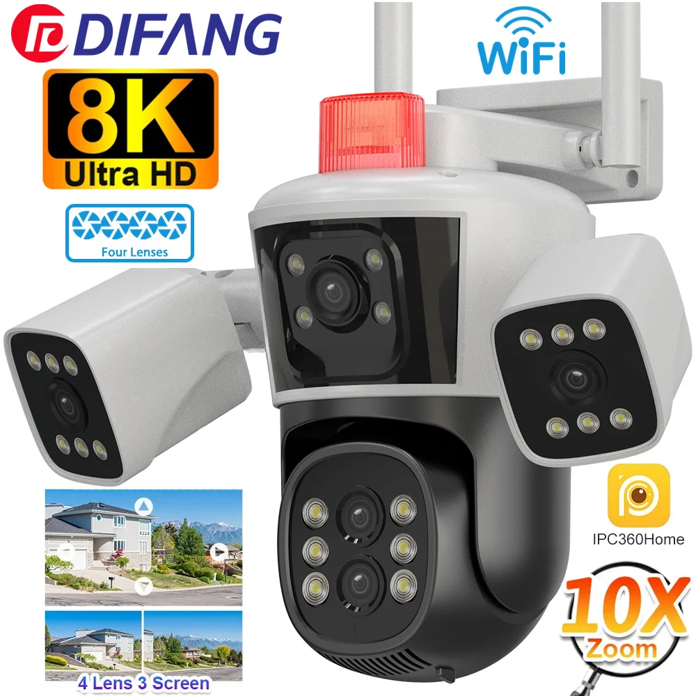 8K Outdoo 10X Optical Zoom WiFi IP Camera 16MP Four Lens Three Screens Human Auto Tracking 6K Security Video Surveillance CCTV