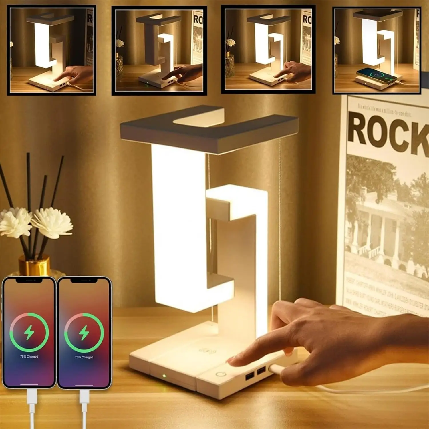Levitating Lamp Tensegrity Structural Stability Night Light,LED with Dual USB Ports,Unique Gifts for Bedroom Decor