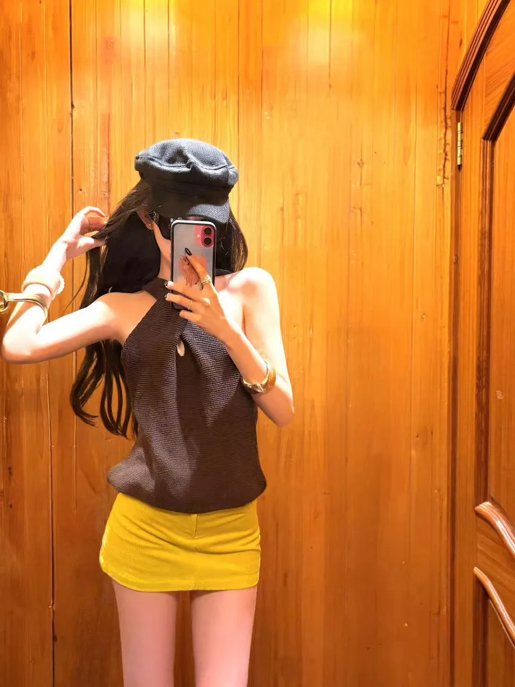 

Pumpkin Knitted Ne Hanging Svel Vest Women's Base irt Knot Design Casual Korean Sle Summer Faion Top