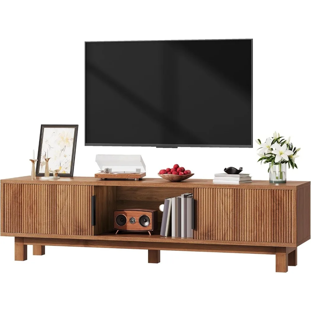 حامل تلفزيون مخدد لأجهزة التلفاز حتى 65 بوصة، مركز ترفيه مع منافذ طاقة ومقصورات تخزين، شركة تلفزيون خشبية طويلة 59 بوصة