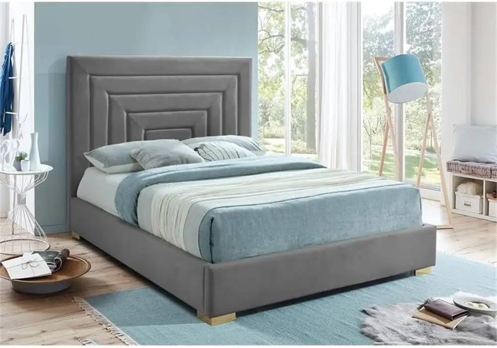 Meridian Furniture Noragrey-F Nora Collection Modern | Contemporary Velvet Upholstered Bed With Deep Channel Tufting And Both