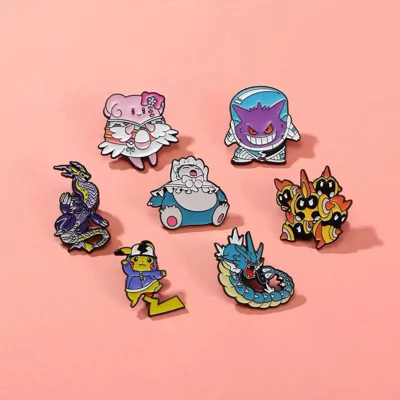 7pcs Pokemon Lapel Pins Set Pikachu Snorlax Gyarados Gengar Metal Alloy Backpack Badges Fashion Jewelry Gift for Halloween