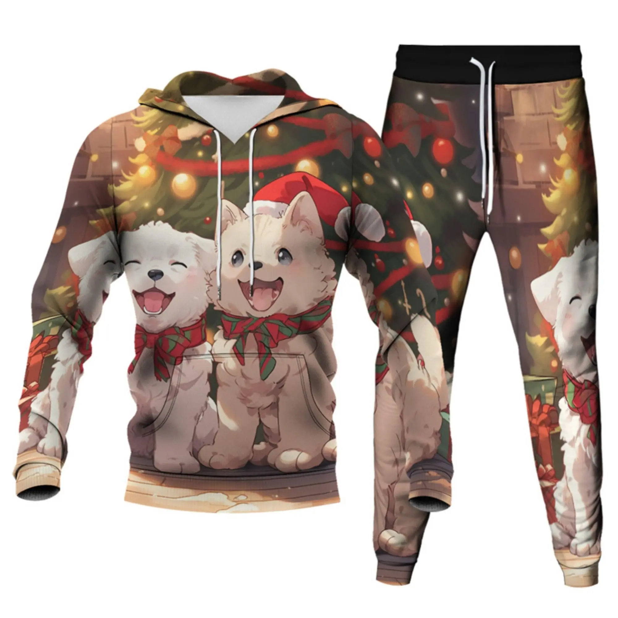 Adult 3D Christmas Pizza Cat Printed Hoodie Pants Two Pieces Tracksuit Men Women Novelty Xmas Sweatshirts Joggers Sweatpants Set