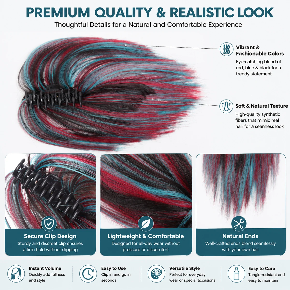 Synthetic ponytail colored hair extension clip women's heat-resistant synthetic wig red blue black striped punk cosplay party