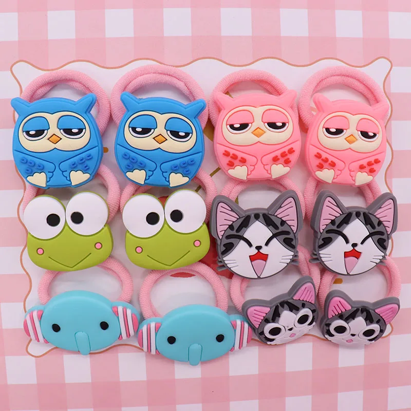 2Pcs/Set Cute Animal Cartoon Frog Elephant Cat Bird Hair Rubber Bands Children's Elastic Bands For Girl Nylon Headband Ornaments