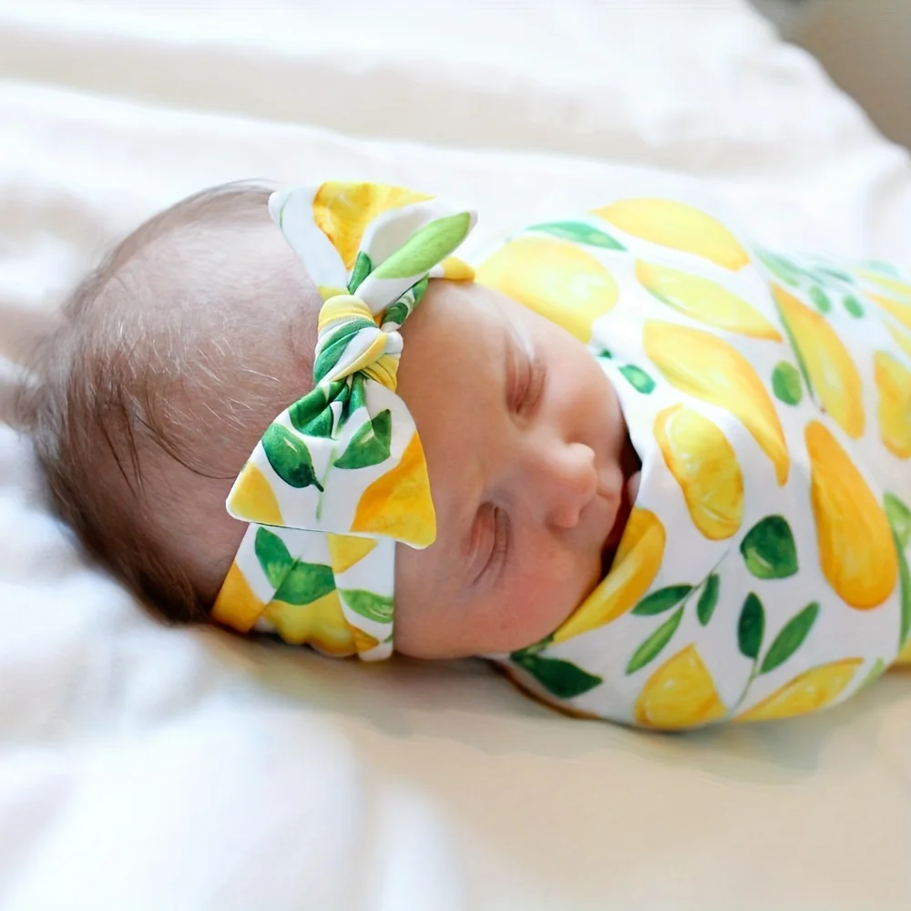 Newborn Baby Wraps Fruit Printed Wraps Hair Bands Set of 2, Cute Baby Wrap Blanket, Perfect Keepsake Gift for Baby