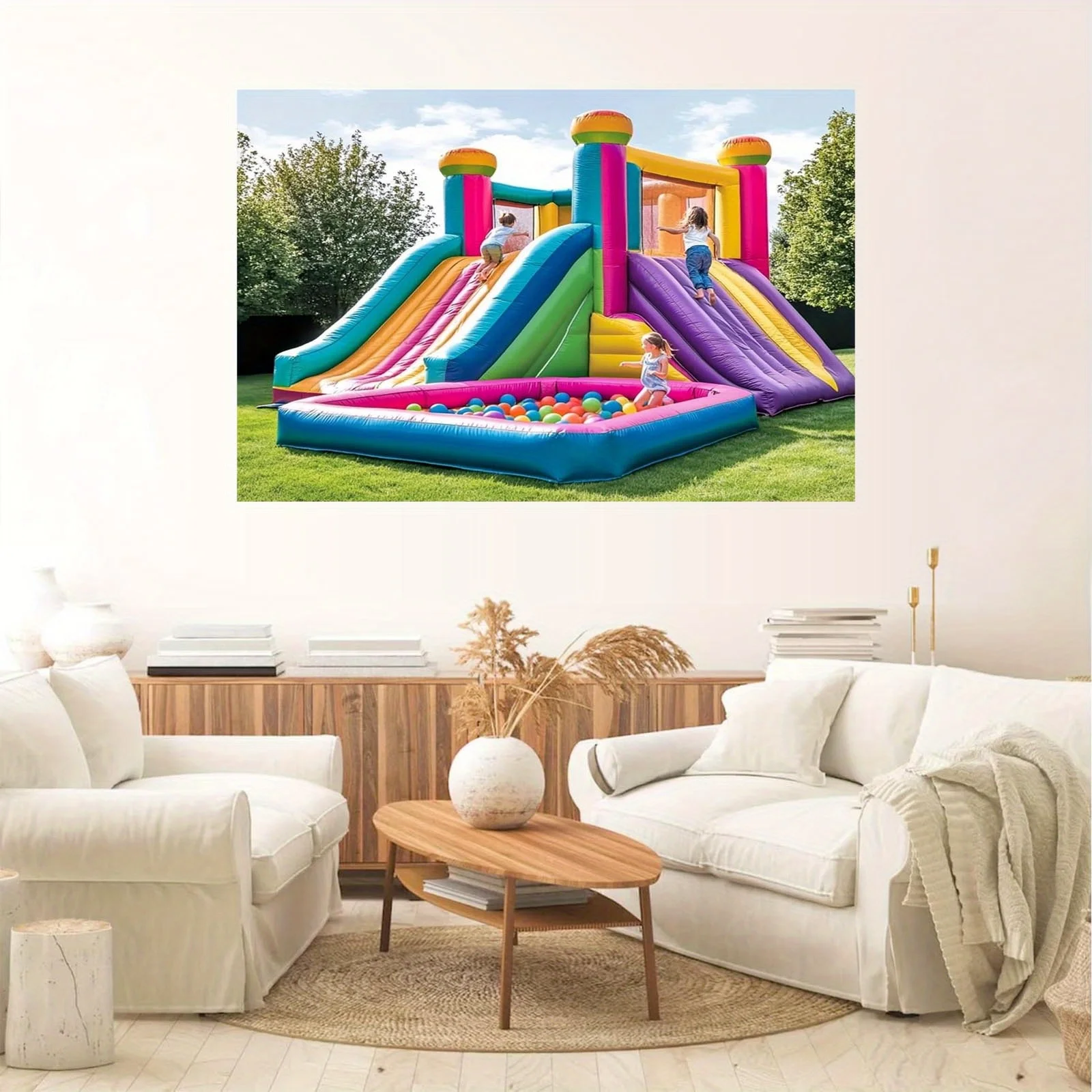 1pc lively inflatable playground trampoline background fabric banner - Colorful slide and ball pool scene, birthday party view 4