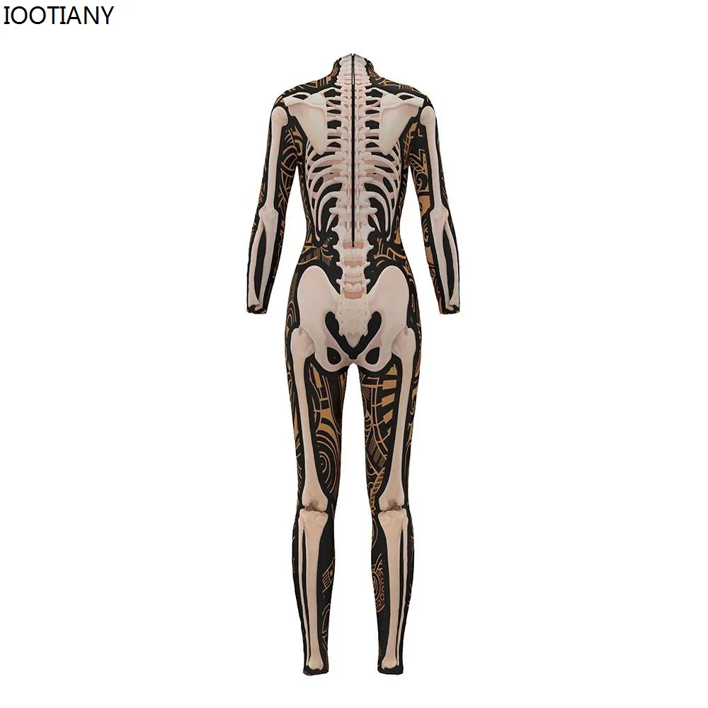 IOOTIANY Halloween Party Cosplay Costumes Women Skeleton Bones Print Catsuits Adult Fashion Gothic Bodysuits One-piece Clothing.