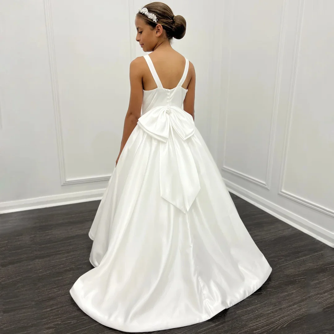 Customized Wedding Birthday Party Flower Girl Dress White Satin With Bow Sleeveless For Banquet Holy Communion Prom Gown