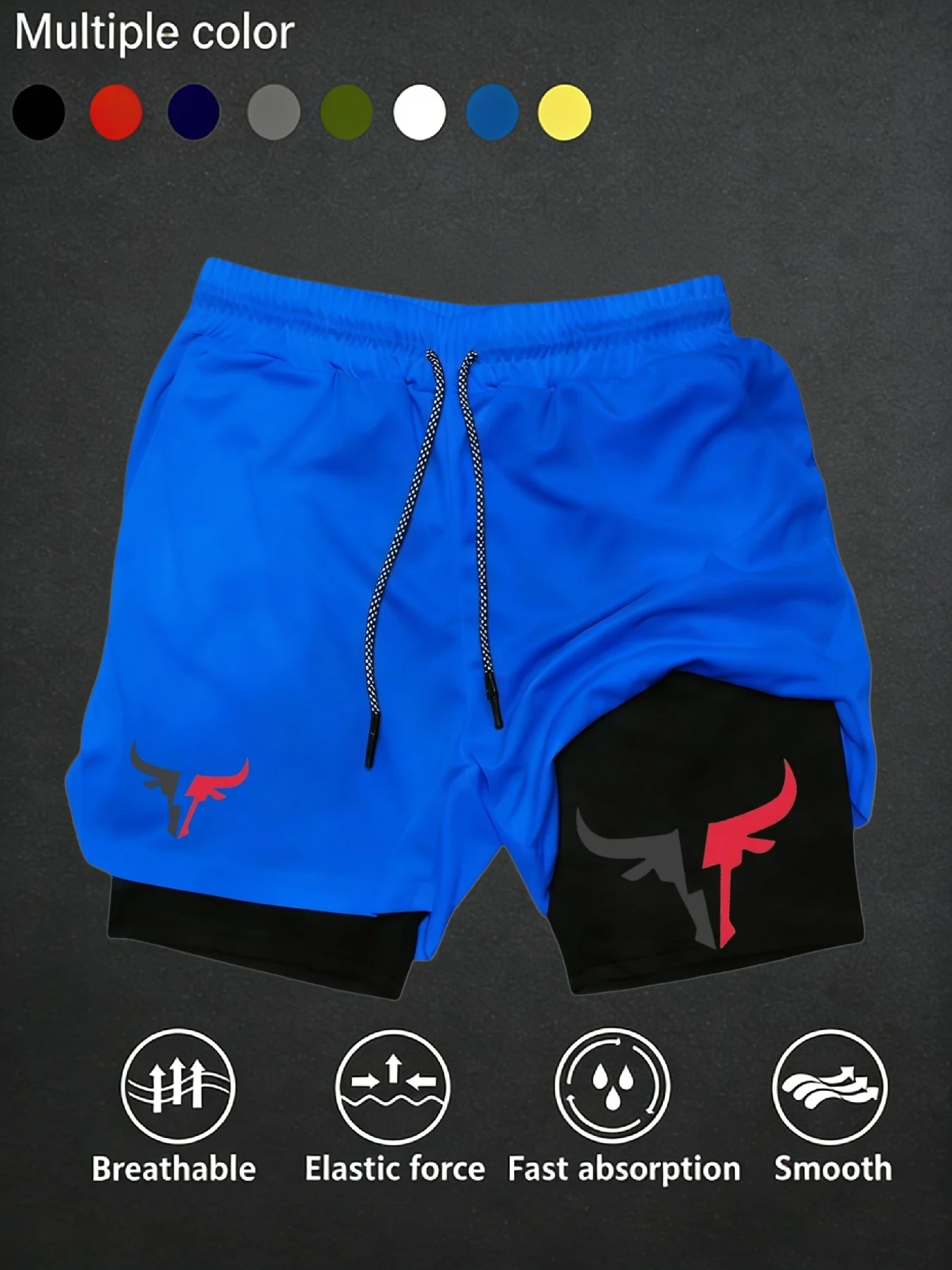 Men's 2 in 1 Double Layer Sports Shorts Quick Dry Breathable Gym Running Training Shorts Bull Print Fitness Workout Short Pants