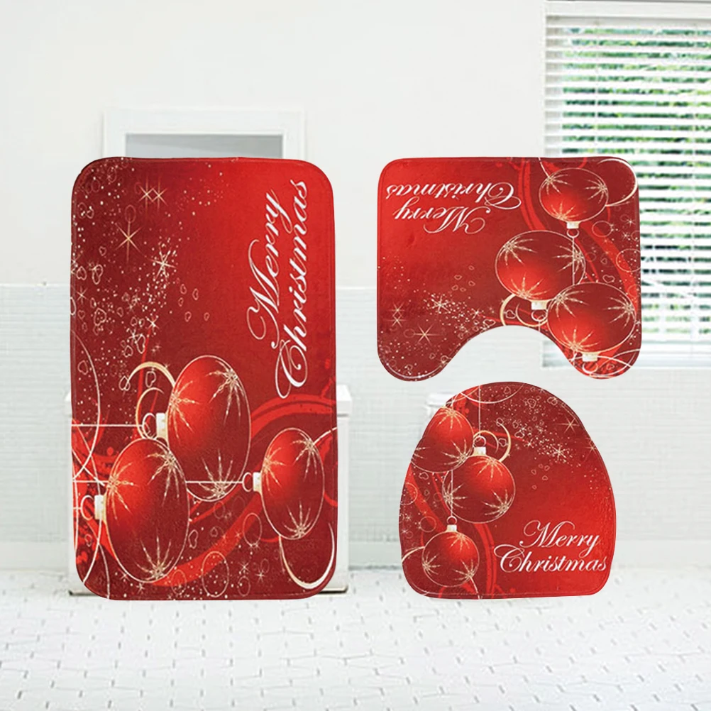 

Christmas Ball Pattern Bathroom Red Antiskid Toilet Floor Mat Soft Absorbent Quick Dry Machine Washable Closestool Mat Set