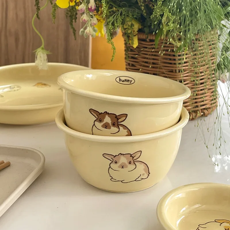 Original Rabbit Cartoon Korean Style 2023 New Tableware Household Noodle Bowl Ceramic Rice Bowl Soup Bowl Plate Wholesale