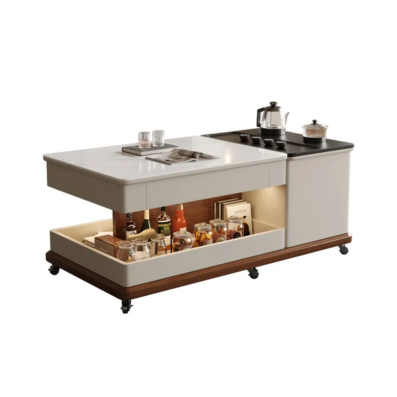 

Movable lifting multi-functional household cart with wheels Modern small apartment light luxury simple storage rock slab coffee