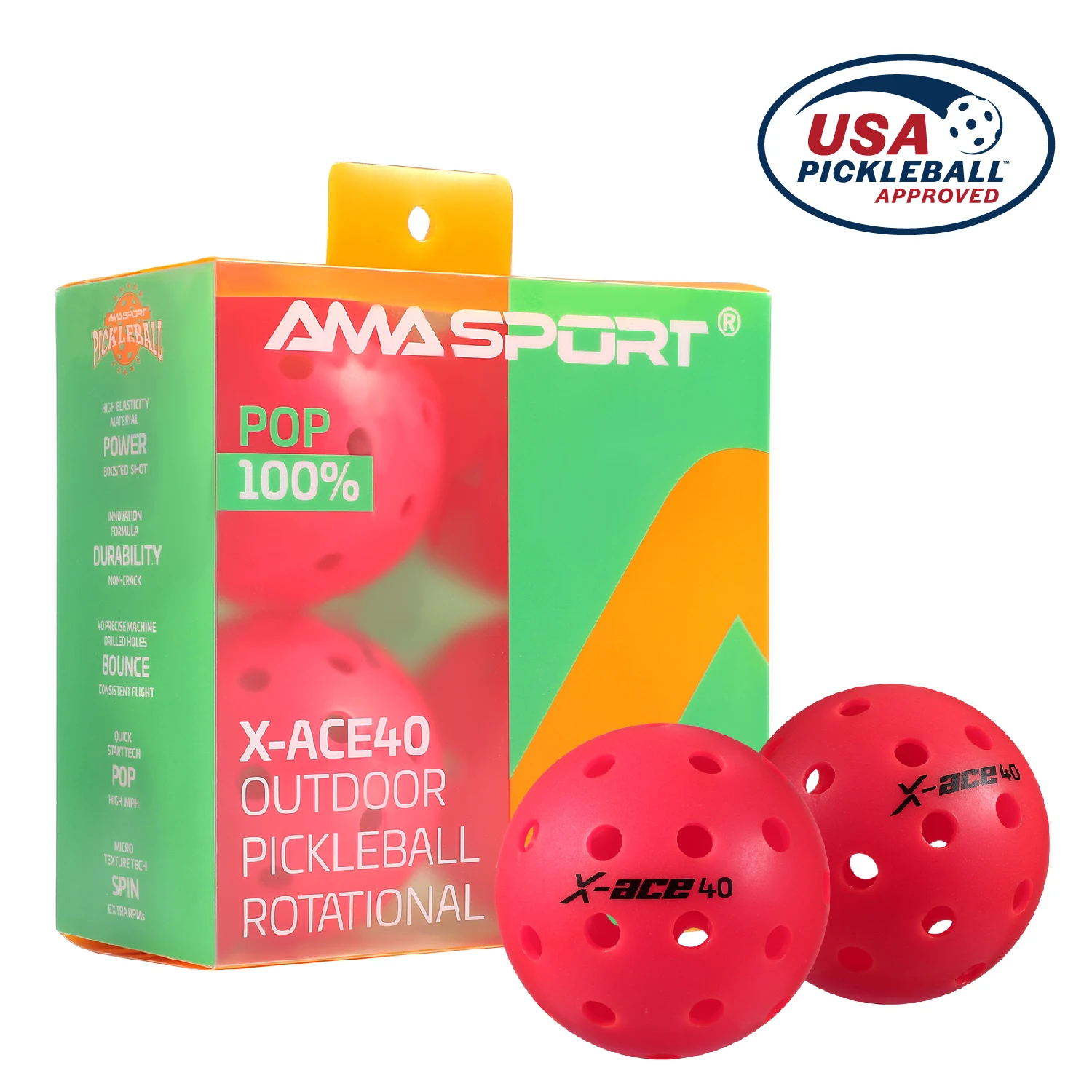 AMA SPORT X-ACE Pickleballs 4PCS-40 Hole Outdoor Pickleball Balls-Quick Start Tech-100% POP High MPH for Competition Pickleball