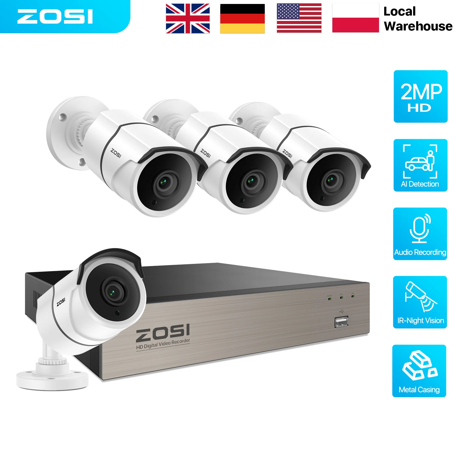 ZOSI 3K Lite 8CH Security Camera System with Audio H.265+ 8-Channel CCTV DVR 1080p Bullet Metal Surveillance Cams Indoor Outdoor