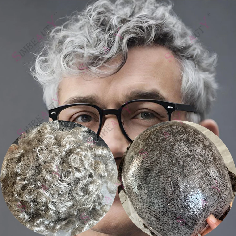 

28 мм вьющийся мужской парик 1B80 Серебристый Серый Черный Супер прочный Полный PU Базовый мужской парик 100% человеческие волосы Мужская система капиллярных протезов