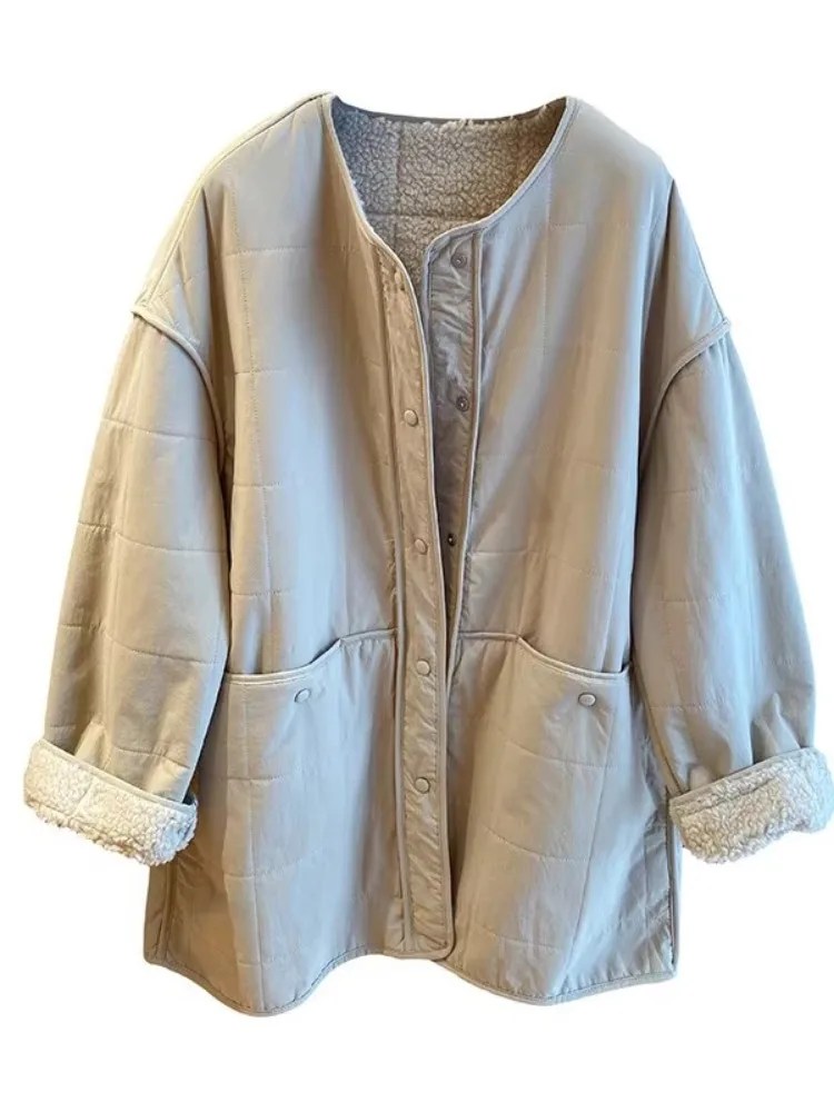 Korean Style Women's Thickened Lamb Fur Lined Cotton Jacket Mid-Length Quilted Warm Windbreaker Coat Long Sleeve round Neck