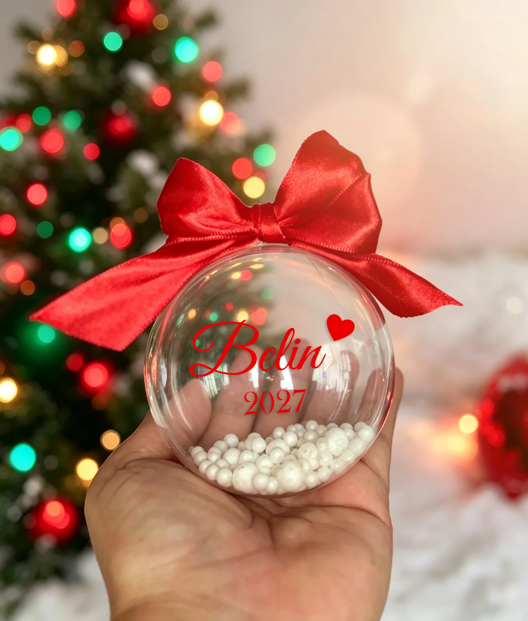 Custom Name Year Christmas Clear Ball Ornament, Personalized Xmas Bauble With Bow, Tree Hanging Decor