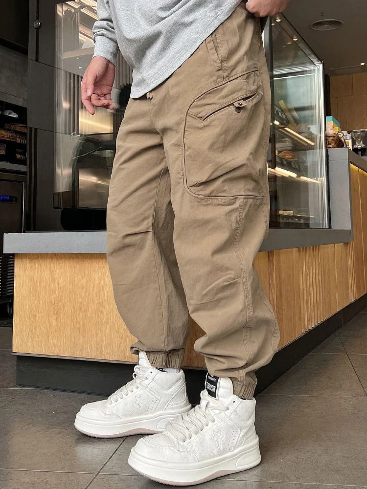 Fashionable Men's Workwear Pants Autumn Winter Loose Fit Casual Trousers with Big Pockets Street Style American Loose Cuff Pants