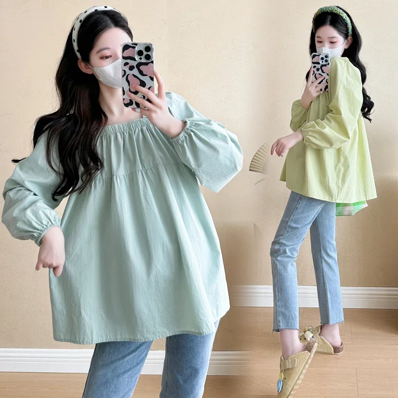 

2024 Autumn Maternity Women's Square Neck Sweet Loose Doll Shirt Tops Clothes for Pregnant Women Spring Youth Pregnancy Tunic