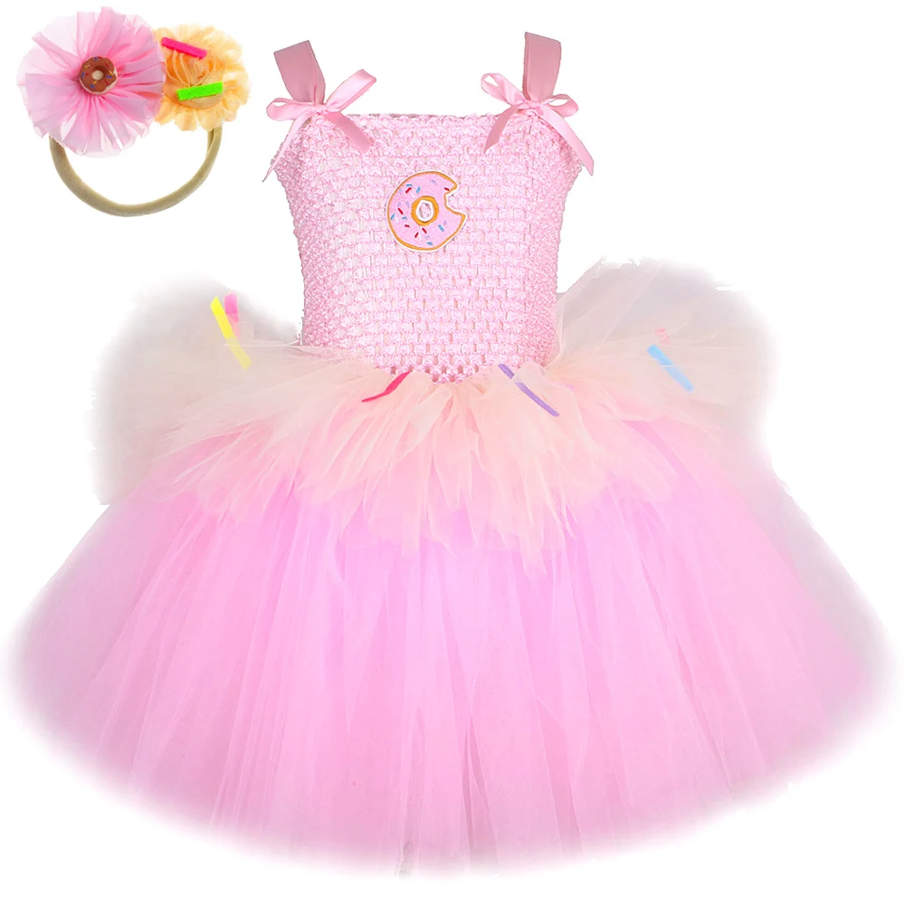 3 Layers Pink Donuts Birthday Dresses for Girls Doughnut Cake Smash Costume for Kids Toddler Photoshoot Outfit Baby Fluffy Tutus