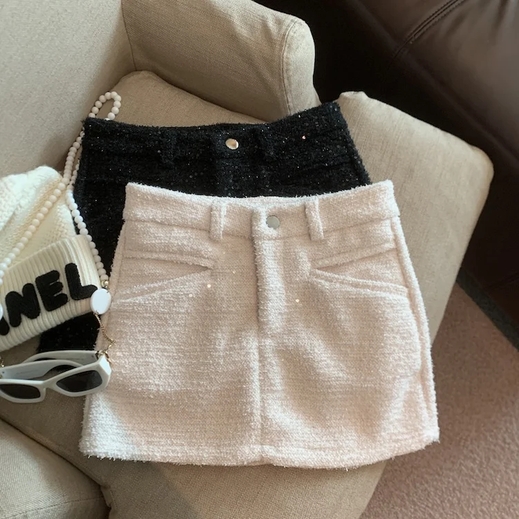 Women's Autumn Winter Elegant Sequined Tweed Mini Skirt Lady Streetwear High Waist A Line Short Skirt