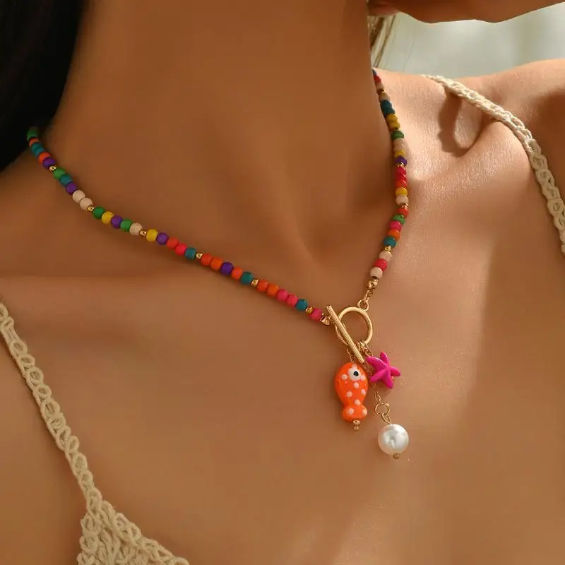 Böhmische, meeresinspirierte Keramik-Fisch-Seestern-Anhänger-Halskette, bunte Perlen, Keramikketten-Armband, Sommer-Ozean-Strand-Schmuck – Detail 3