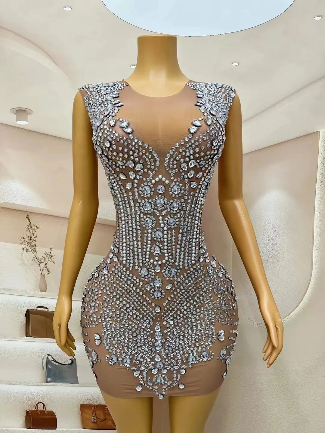 

New Sexy Mesh See Through Luxury CrystalsDiamonds Dress Women Evening Prom PartyDresses Celeprity Birthday Outfit