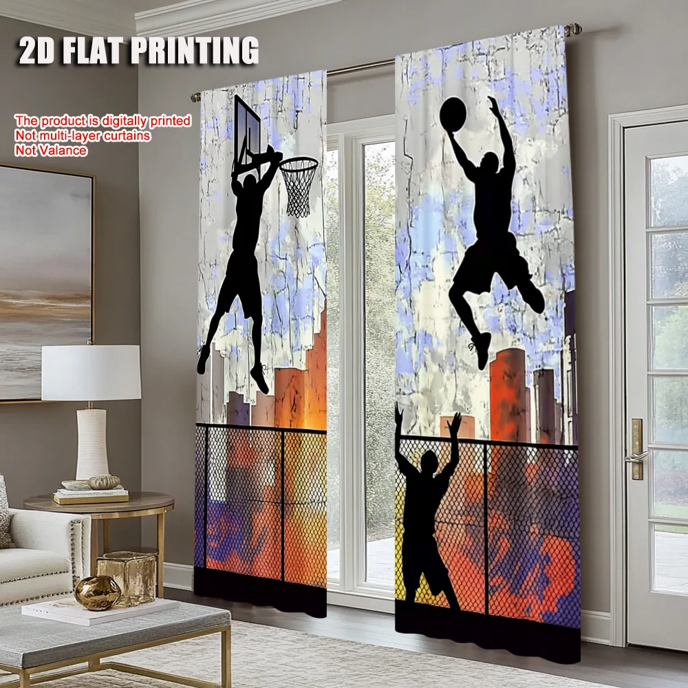 2Pcs Basketball Street Scene Curtains Rod Hole Design For Bedroom Living Room Dining Decor Polyester Machine Washable