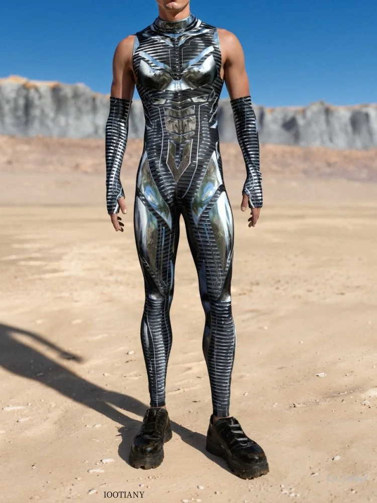 Cosplay Men's Mecha Jumpsuit Cyberpunk Muscle Armor Bodysuit Halloween Carnival Party Zentai Suit Aerial Technology Gloves Suit