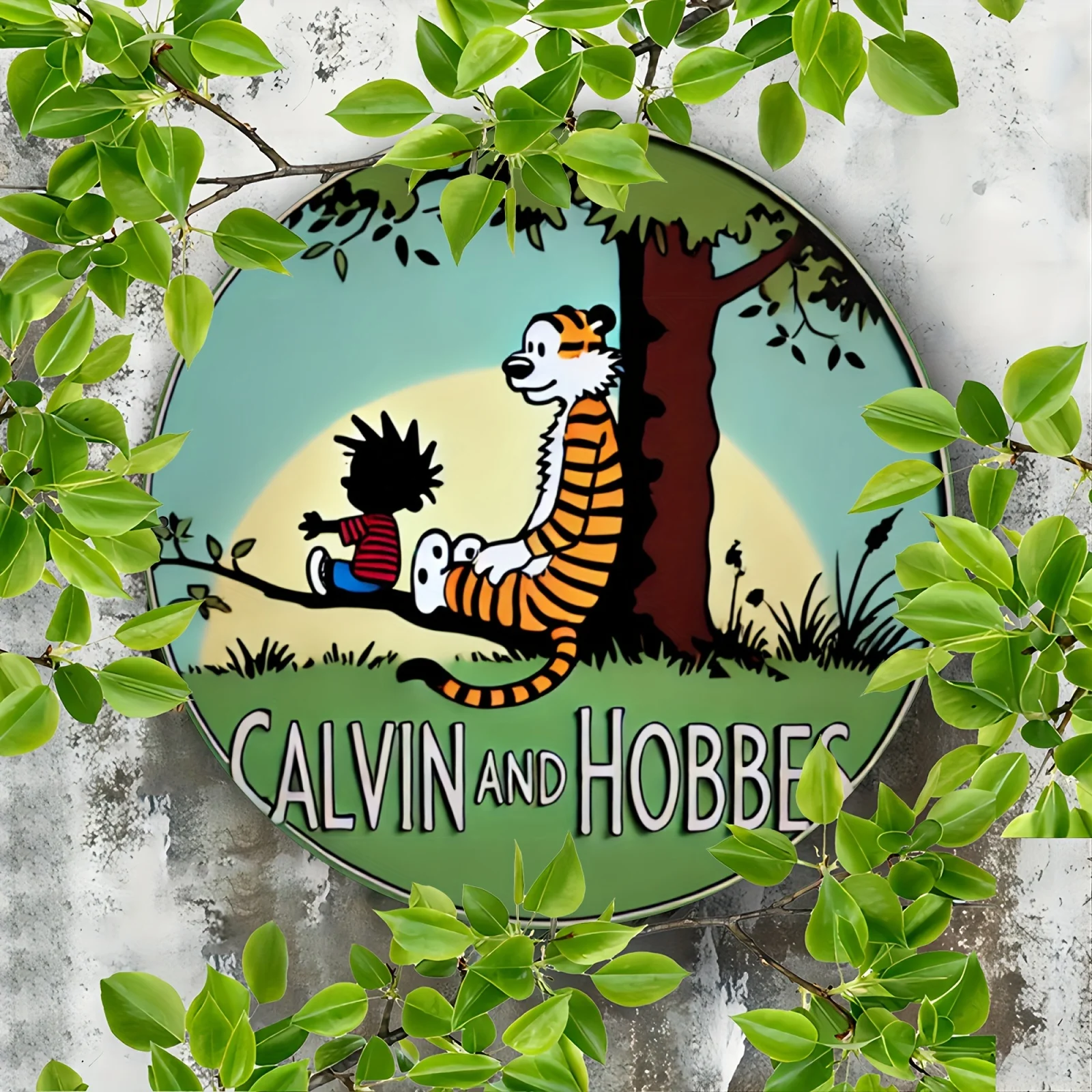 لافتة قصدير معدنية على الطراز العتيق من كالفين آند هوبز - 20.32 × 20.32 سم لوحة فنية جدارية من الألومنيوم مستديرة للمنزل والبار والمقهى والديكور الخارجي