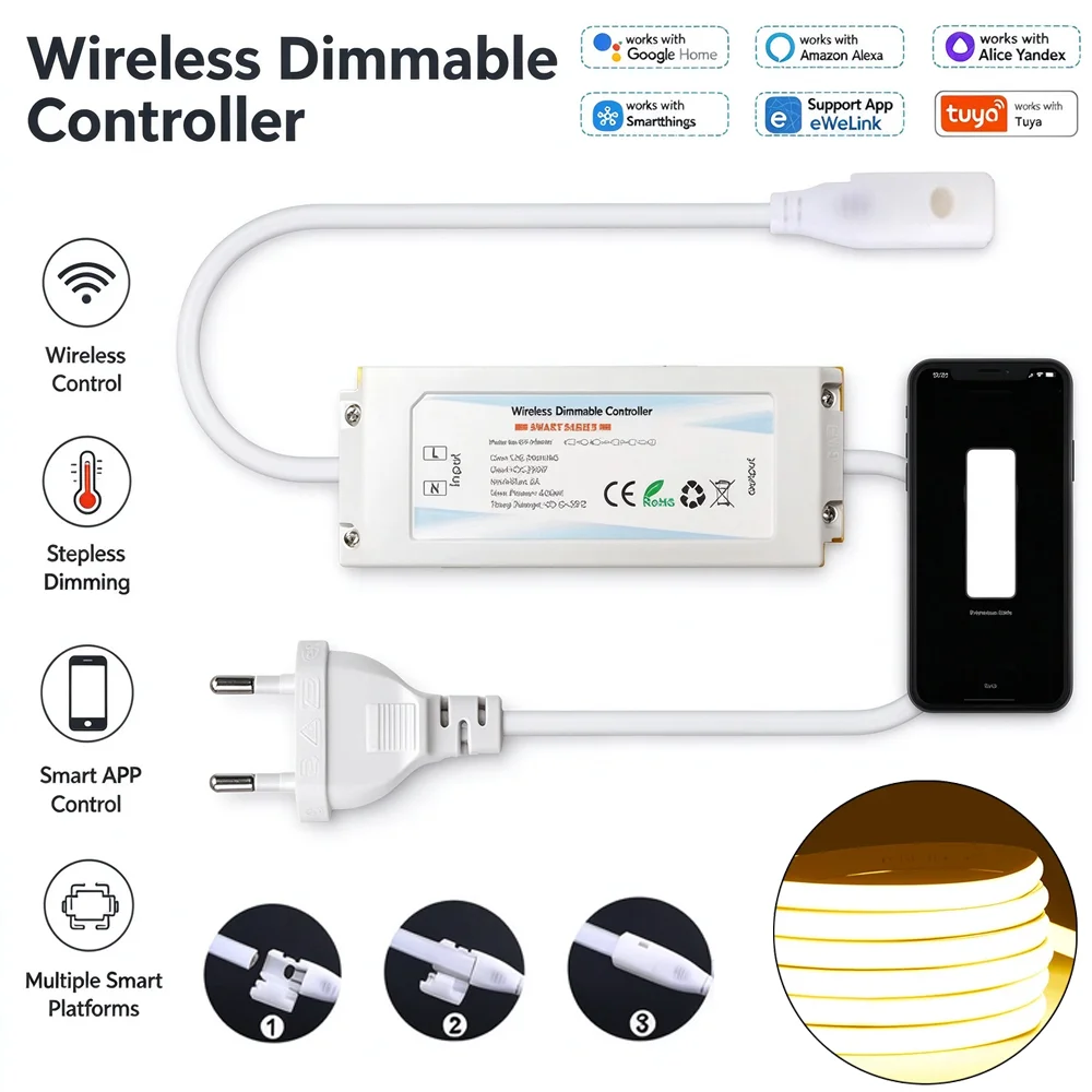 Zigbee 3.0 Tuya WIFI LED Controller EU Plug 220V 230V COB 3528 Single Color LED Flexible Strip Dimmer Dimmable for Alexa Google