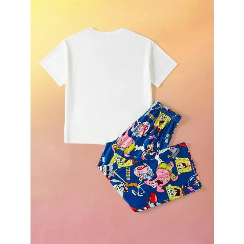 Summer New Round Neck Short Sleeve Pants Home Two Piece Cute Anime SpongeBob SquarePants Pattern Set