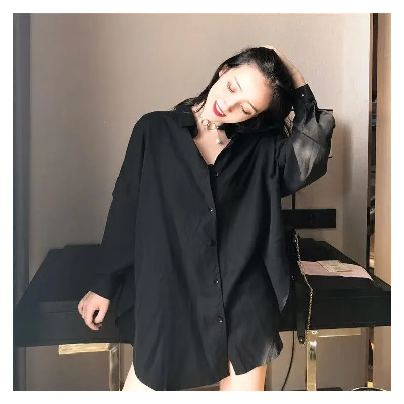 Damska letnia koszula retro z długim rękawem z lodowego jedwabiu Luźna, wszechstronna koszula Casual Elegancka Wygodna Lekka Jednokolorowa XQ141