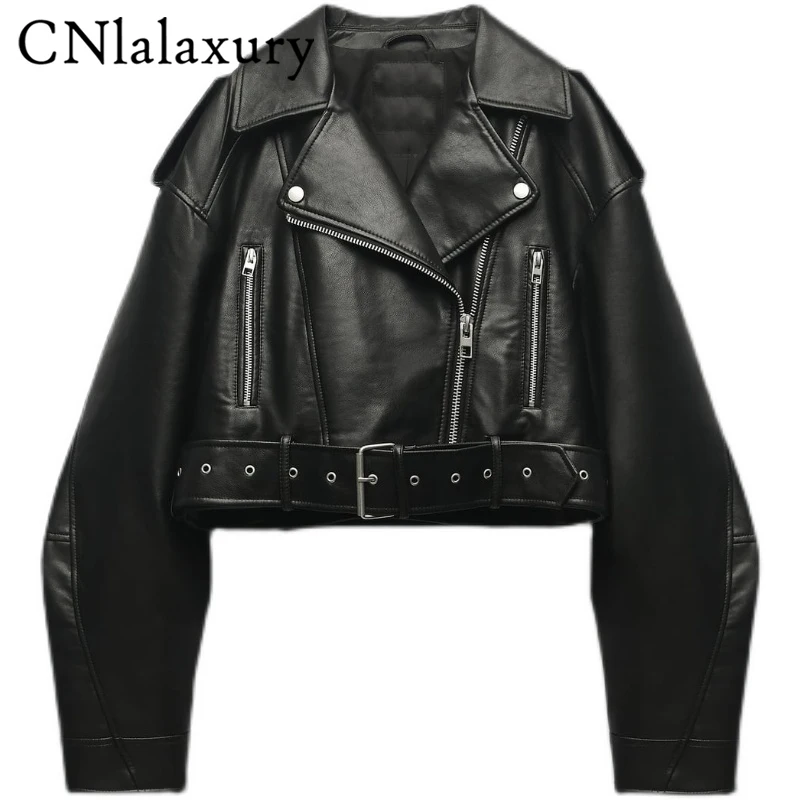 Cnlalaxury couro feminino lapela cinto jaqueta 2023 manga longa zíper bolso casaco moda feminina motocicleta de couro curto outerwear