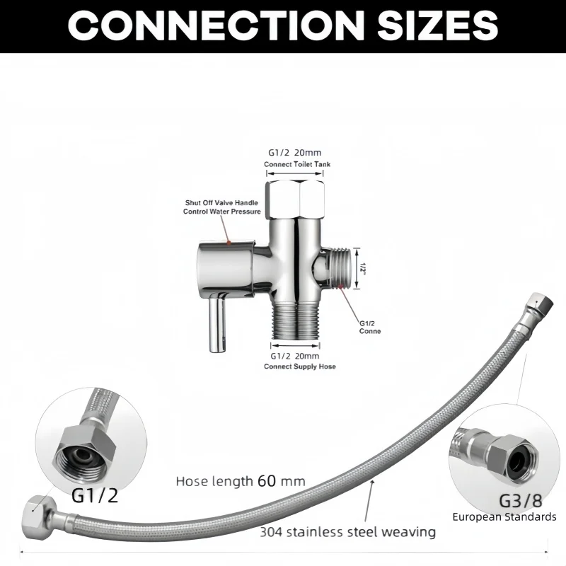 Bidet T-type adapter with shut-off valve, with G1/2 to G3/8 flexible toilet connector，metal T-type valve for bidet .