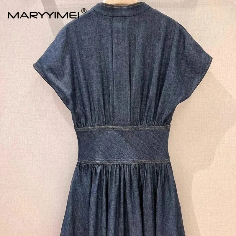 MARYYIMEI Fashion Designer Spring Summer women\'s Cotton Short Sleeve Single-Breasted Folds Streetwear Dark Blue Denim Dresses