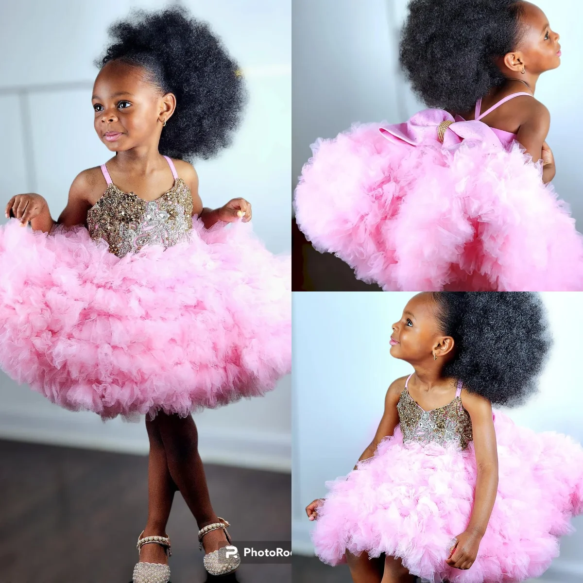 

Puffy Pink Flower Girl Dresses Customized Beading Spaghetti Neck Litter Queen Ball Gowns Girls Birthday Dress For Wedding