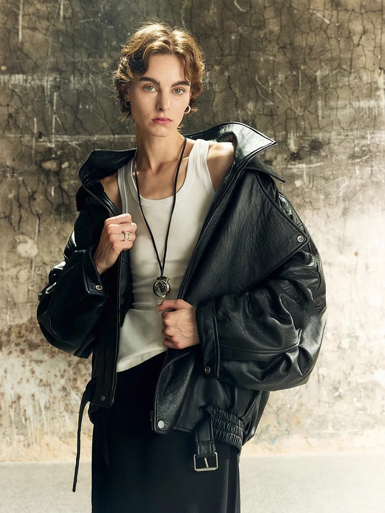 Women's Leather Jacket, Genuine Lambskin, Double Layer Collar, Silhouette Coat, Autumn And Winter,  Heavy Leather Jacket