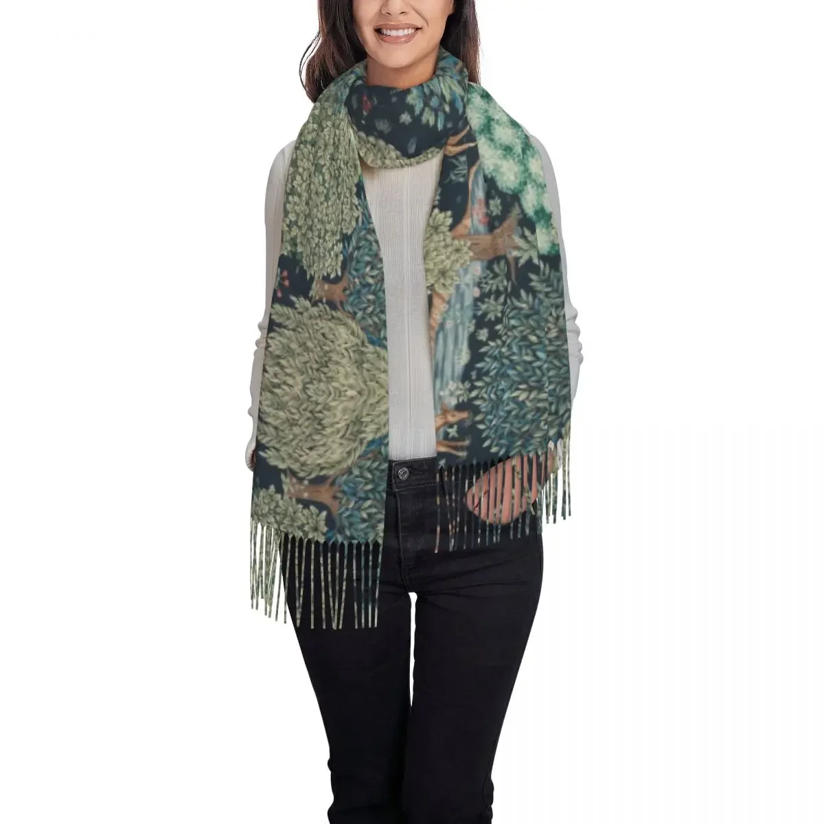 William Morris Deer Scarf Wrap Women Long Winter Warm Tassel Shawl Unisex Textile Pattern Scarves