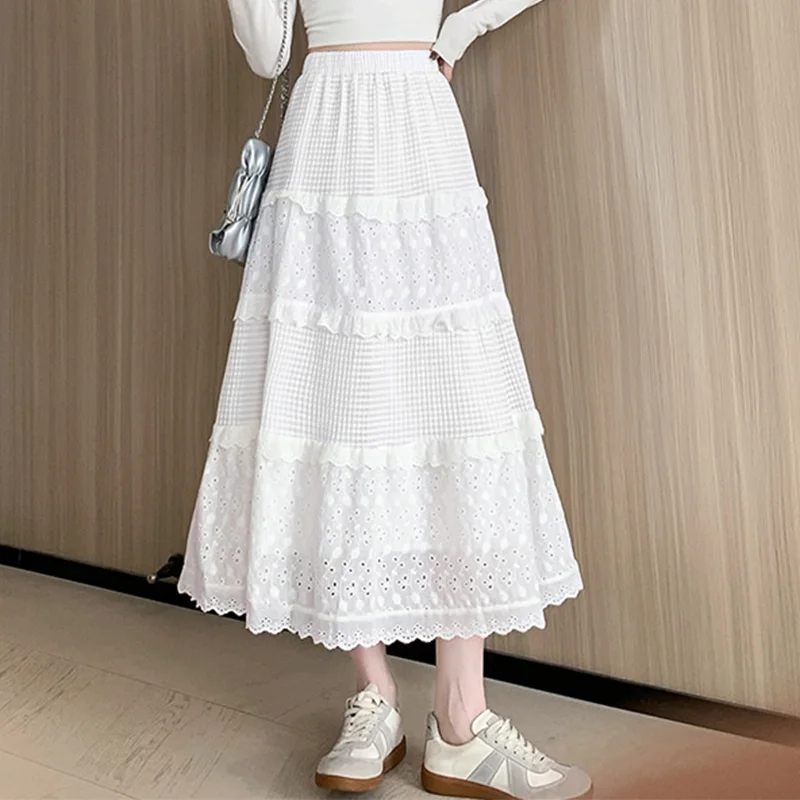 2023 neue Spitze Gefaltete Röcke für Frauen Frühling Herbst Weiß Hohl Hohe Taille Röcke Frau Elastische Taille A-linie Rock Mujer