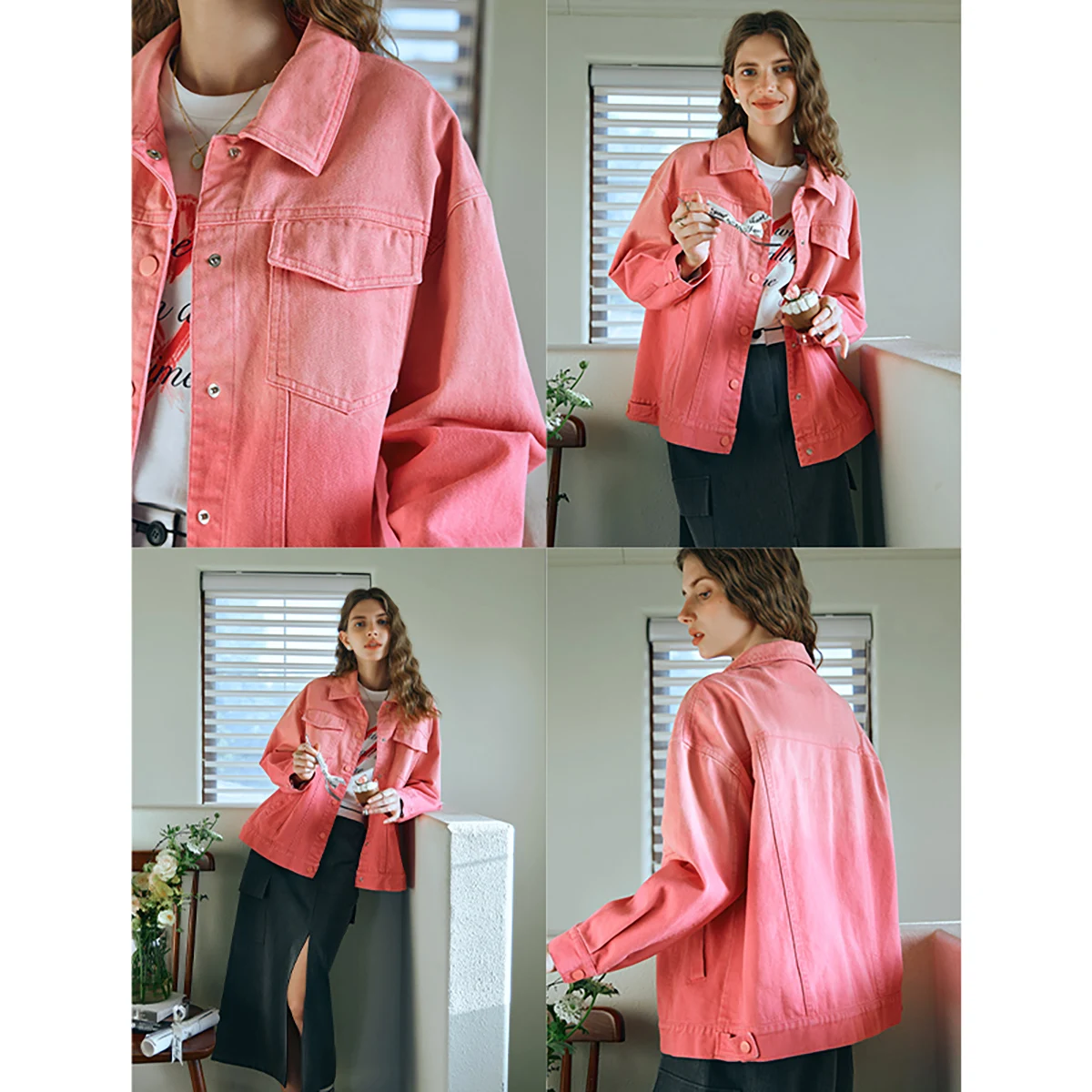 OLrain Women's Denim Jacket Gradient Pink Cropped Loose Fit Casual Spring 2025 New Soft Coat O24CW89955