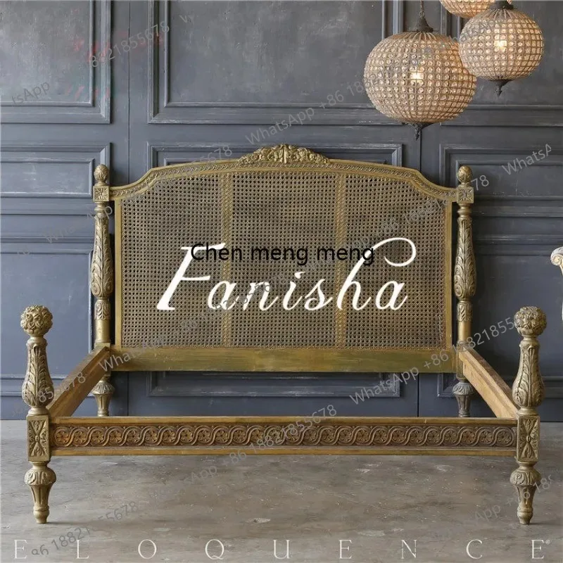 

CC182 French retro old rattan bed American solid wood rattan, nostalgic gold master bedroom, princess bed wedding bed