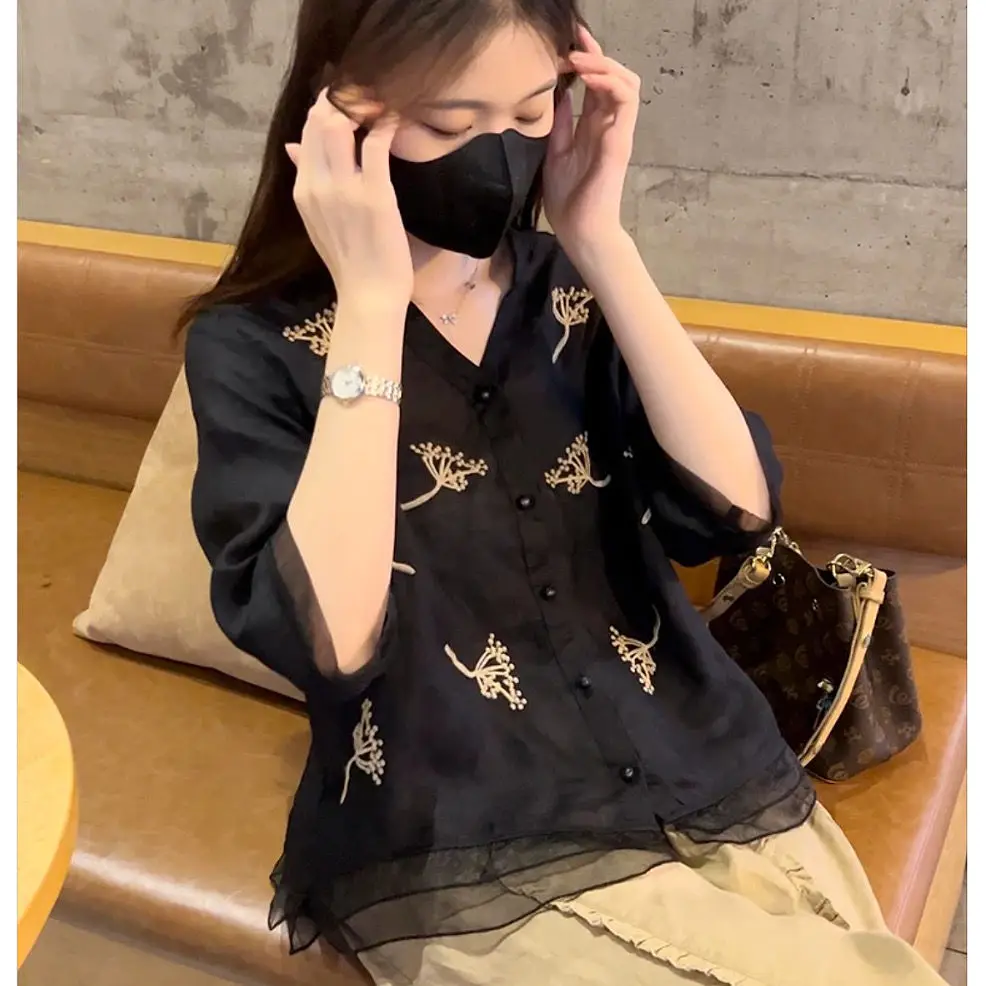 

V-Neck Embroidered Blouse Summer New Open Front Casual Loose Short Sleeve Top