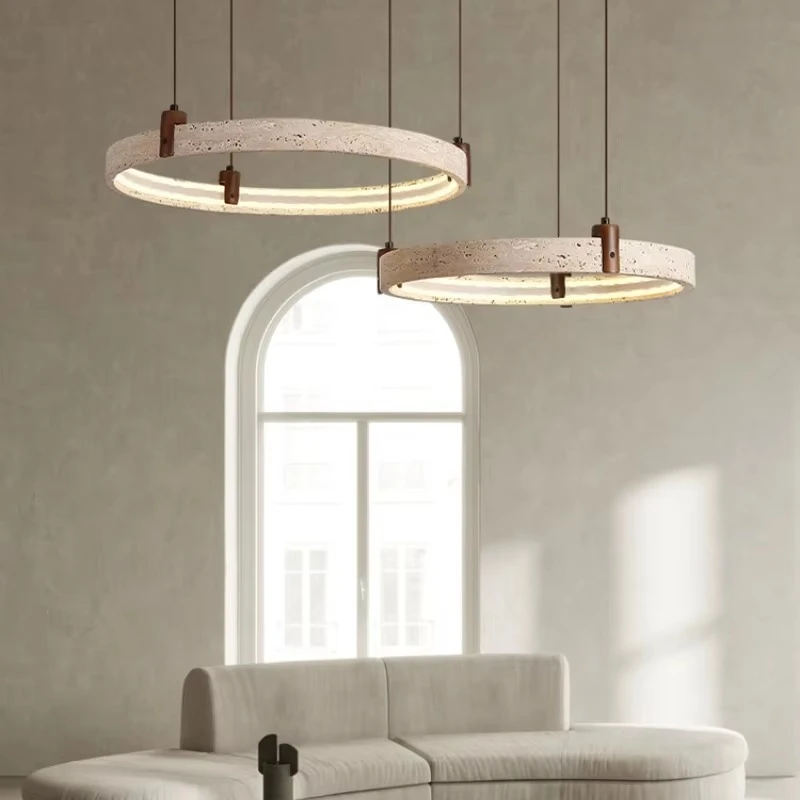 Artistic Natural Yellow Travertine Ring Pendant Light LED Round Lamp Wabi Sabi Minimalist Living Room Exhibition Hall Hanglamp