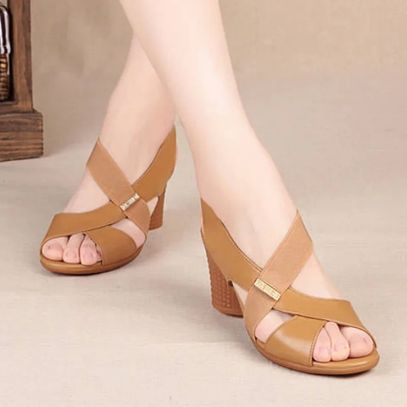 2024 Outdoor Women\'s Shoes Peep Toe Women\'s Sandals Fashion Office Sandals Women Round Toe Slip-on Chunky Heel Rome Ladies Shoes