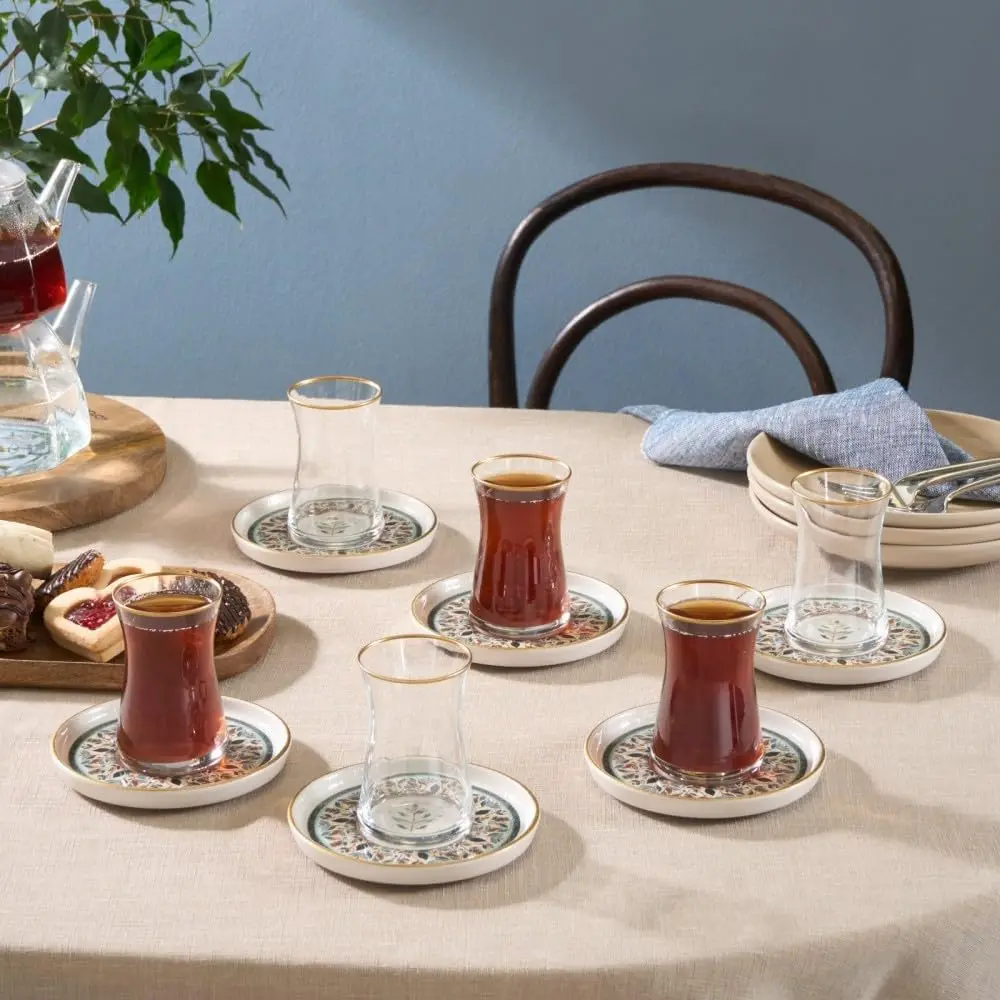 

12-Piece Multicolor Turkish Tea Glass & Saucer Set for 6 - Elegant Design