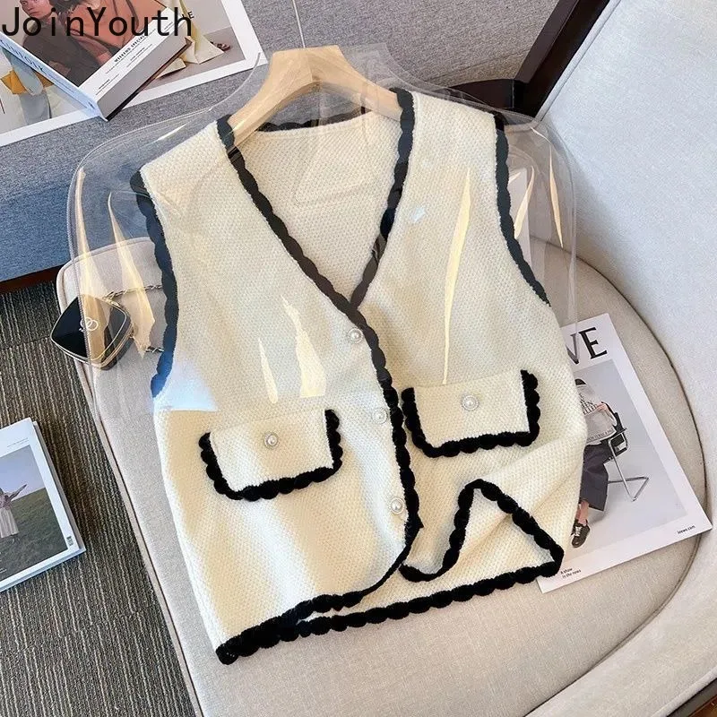 2023 Vest Sweater Women Clothing V-neck Ruffles Single Breasted Vintage Waistcoat Ropa Mujer Black Knitted Tanks Cropped Tops