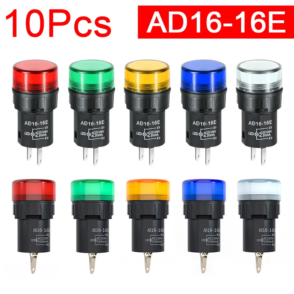 10Pcs AD16-16E Panel Mount LED Power Indicator Pilot Signal Light Lamp 16MM AC 12V 24V 110V 220V 380V Beacon light Red Green